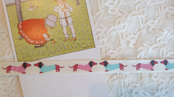 再入荷！カットしてタグにしても！『シンプルで使いやすい！コットンテープ　ダックス柄　ドッグ柄』～4ｍ65㎝でカット済み～ 5枚目の画像