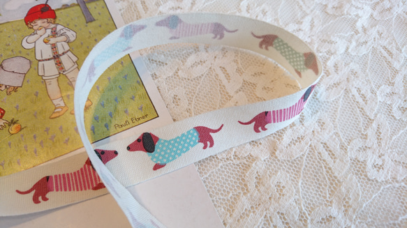 再入荷！カットしてタグにしても！『シンプルで使いやすい！コットンテープ　ダックス柄　ドッグ柄』～4ｍ65㎝でカット済み～ 2枚目の画像