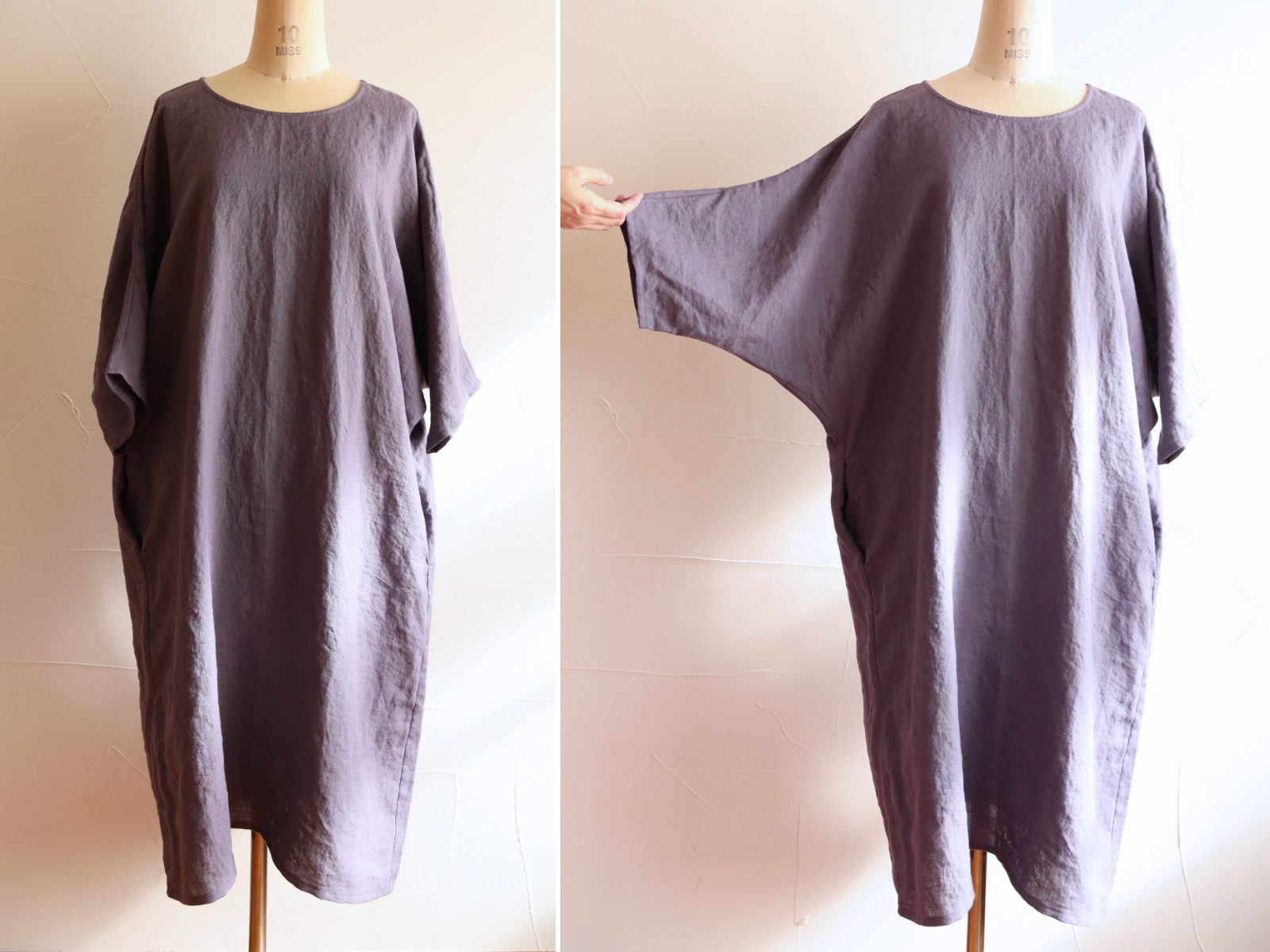 ドルマンワンピース：：くすみカラー：：キレイ見え、体型カバー：はんぱ袖：リネン100：別注カラー：●グレーネイビー●