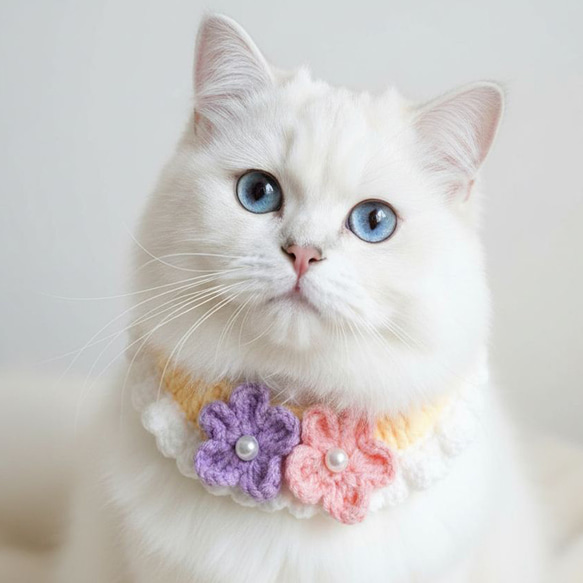 猫首輪 かぎ編み 花モチーフ2つ 手編み 柔らかい かわいい 白と
