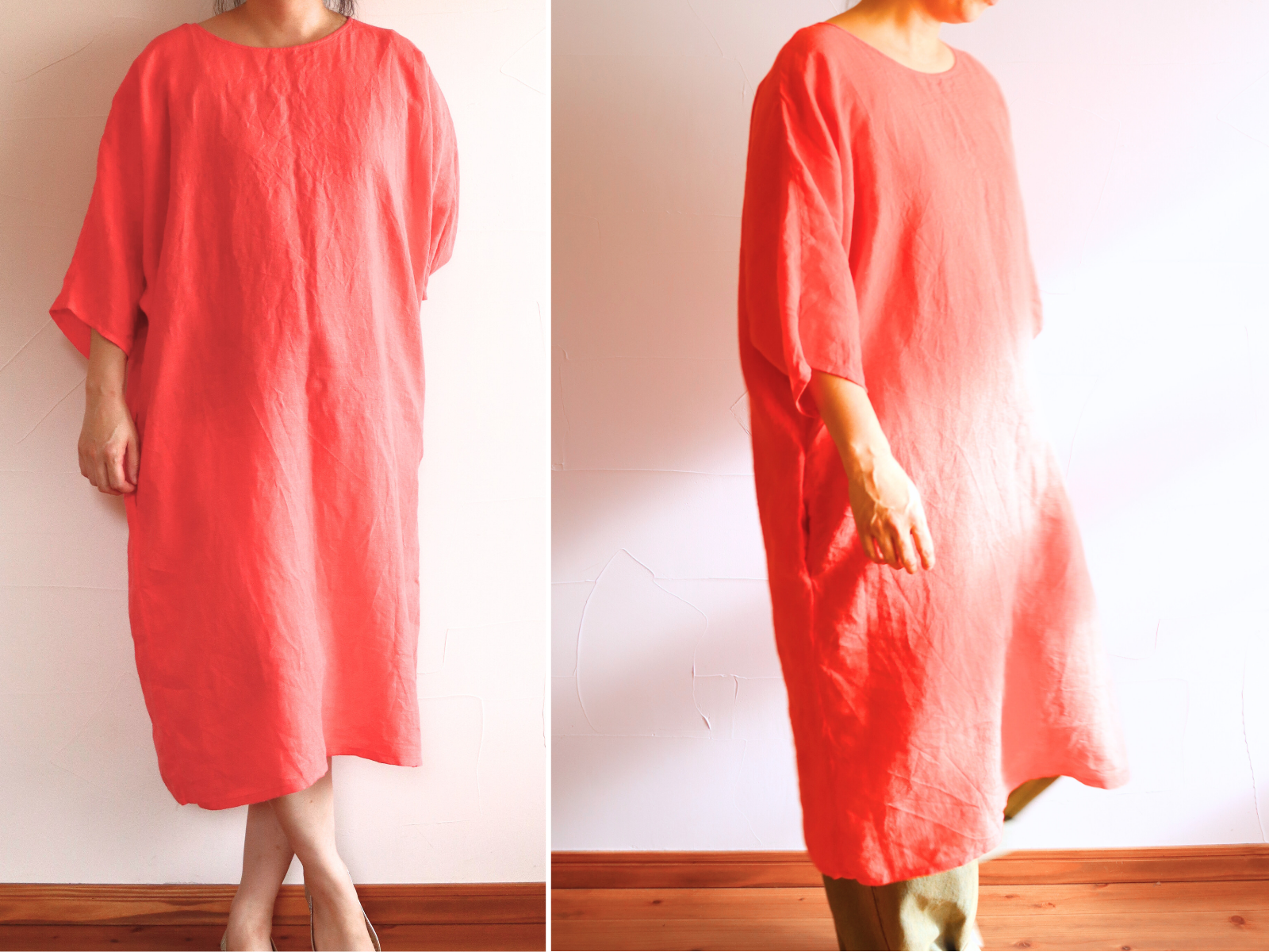 ドルマンワンピース：：ビンテージ風オレンジ：：キレイ見えドルマン：：リネン100：：別注カラー：：●コーラルオレンジ●