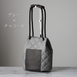 本革ポケットの2wayキルトバッグ キルティング ナイロンオックス 軽量 バケットバッグ かるいかばん O-384 5枚目の画像