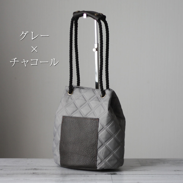 本革ポケットの2wayキルトバッグ キルティング ナイロンオックス 軽量 バケットバッグ かるいかばん O-384 5枚目の画像