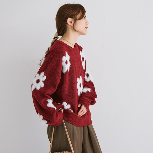 【AW新作】ふわっと体を包み込む柔らかさを体験してみて シャギーニット 花柄 ゆったりサイズ 25562 9枚目の画像