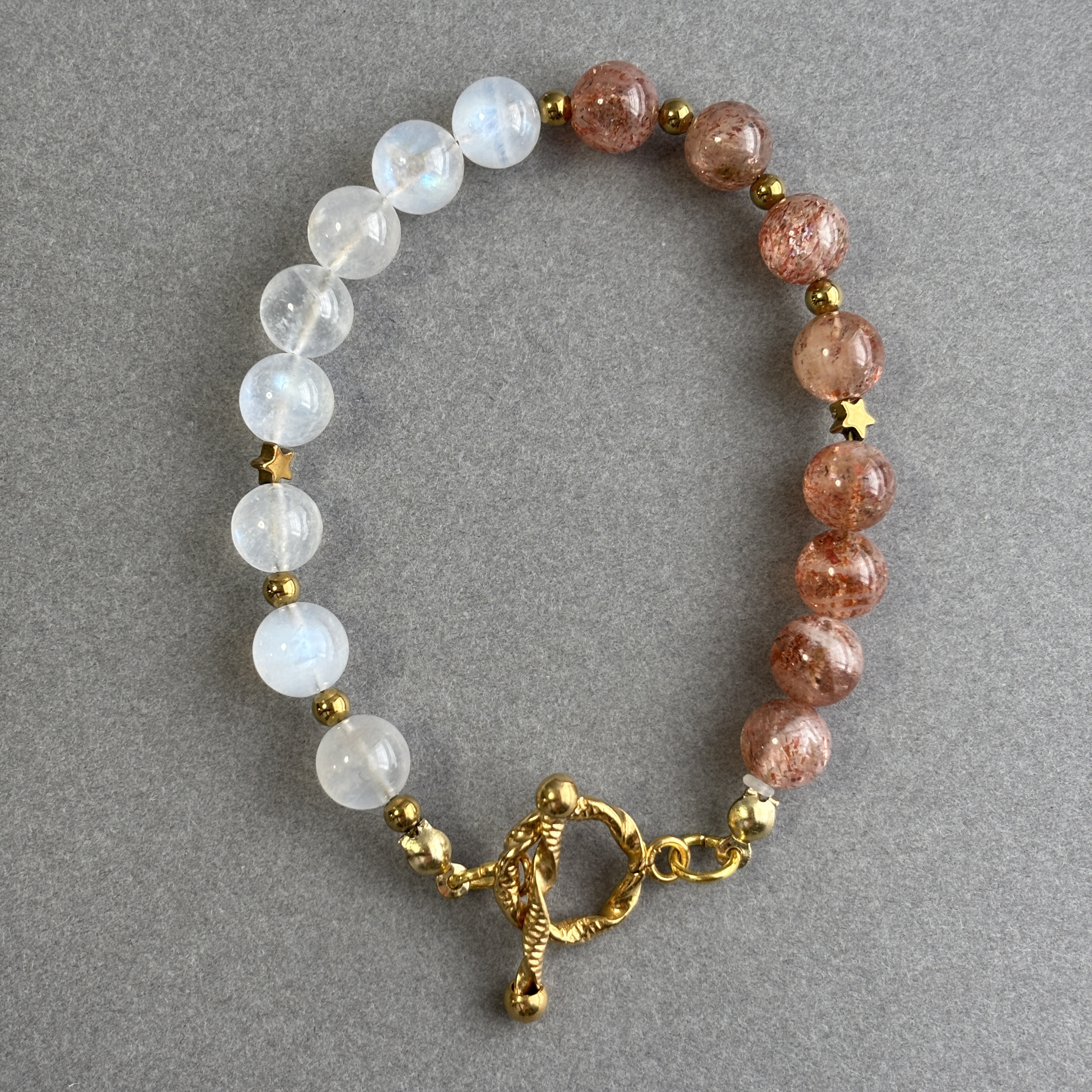 【天然石】太陽と月＊ホワイトラブラドライト×サンストーン×ヘマタイトステンレスブレスレット