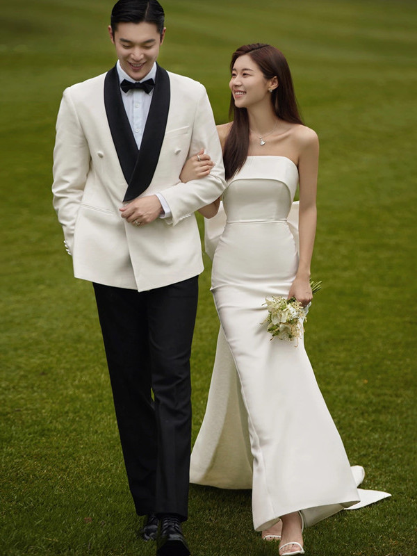リボン ウェディングドレス トレーン サテン 白 シンプル 結婚式 花嫁 前撮り パーティー 披露宴 k556