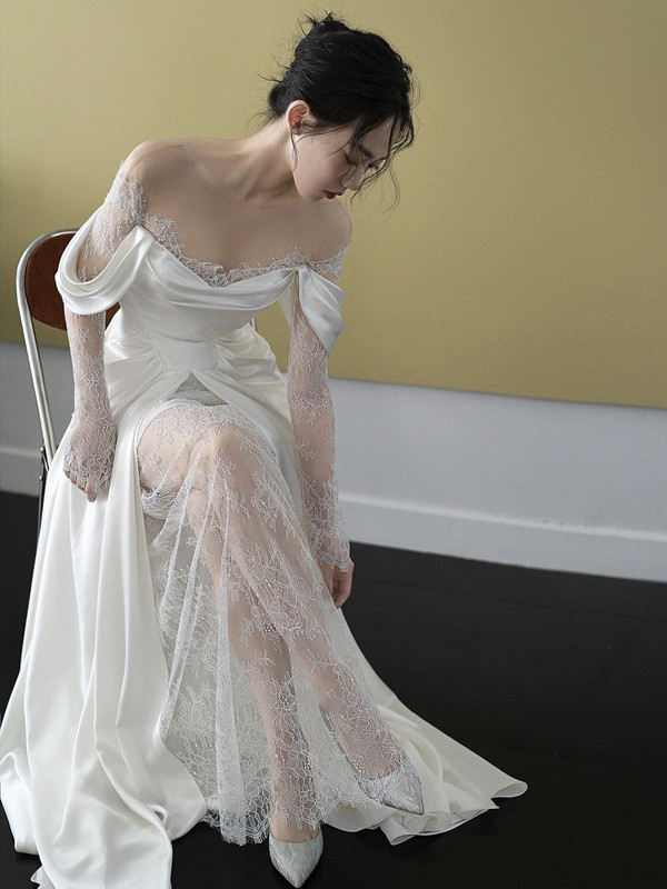 レース 長袖 ウェディングドレス トレーン サテン 白 シンプル 結婚式 花嫁 前撮り パーティー 披露宴 k545