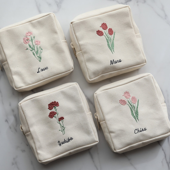 お花15種【フラワー刺繍 スクエアポーチ】スクエアポーチ 正方形 ミニポーチ 名入れ 名前入れ 8枚目の画像