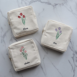 お花15種【フラワー刺繍 スクエアポーチ】スクエアポーチ 正方形 ミニポーチ 名入れ 名前入れ 17枚目の画像