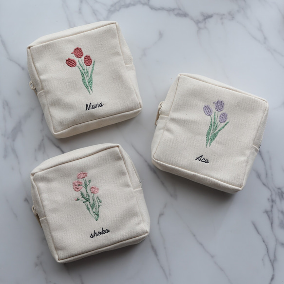 お花15種【フラワー刺繍 スクエアポーチ】スクエアポーチ 正方形 ミニポーチ 名入れ 名前入れ 17枚目の画像