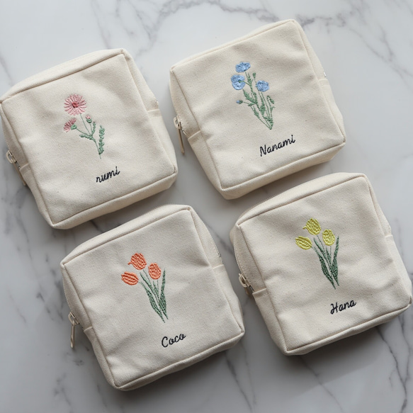 お花15種【フラワー刺繍 スクエアポーチ】スクエアポーチ 正方形 ミニポーチ 名入れ 名前入れ 9枚目の画像