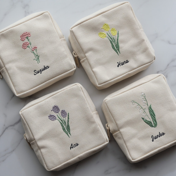お花15種【フラワー刺繍 スクエアポーチ】スクエアポーチ 正方形 ミニポーチ 名入れ 名前入れ 19枚目の画像