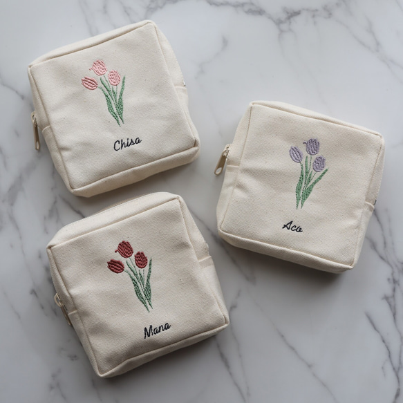 お花15種【フラワー刺繍 スクエアポーチ】スクエアポーチ 正方形 ミニポーチ 名入れ 名前入れ 20枚目の画像