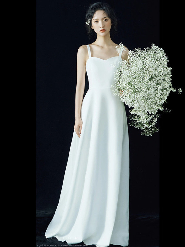 ノースリーブ ウェディングドレス ロングドレス サテン 白 シンプル 結婚式 花嫁 前撮り パーティー 披露宴 k505