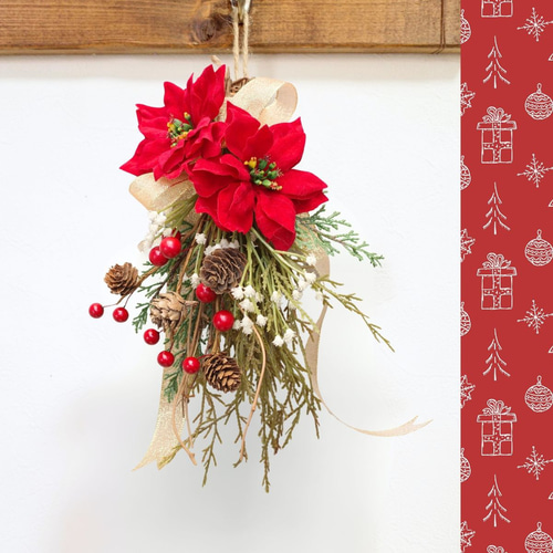 クリスマススワッグ　花束　グリーン　赤　玄関　ポインセチア　✴︎ナチュラルレッド✴︎ ポインセチア クリスマス スワッグ かすみ草 冬 大人 壁飾り 造花