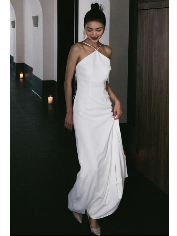 キャミソール ウェディングドレス トレーン サテン 白 シンプル 結婚式 花嫁 前撮り パーティー 披露宴 k502