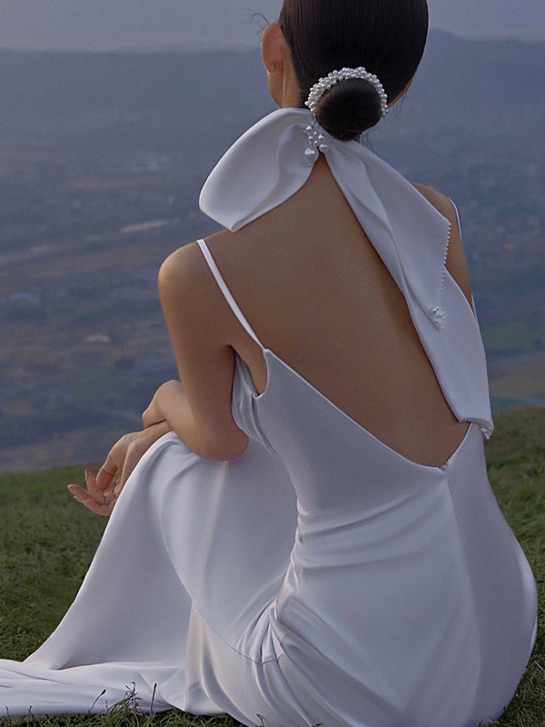 キャミソール トレーン マーメイドウェディングドレス サテン 白 結婚式 花嫁 前撮り パーティー 披露宴 k457