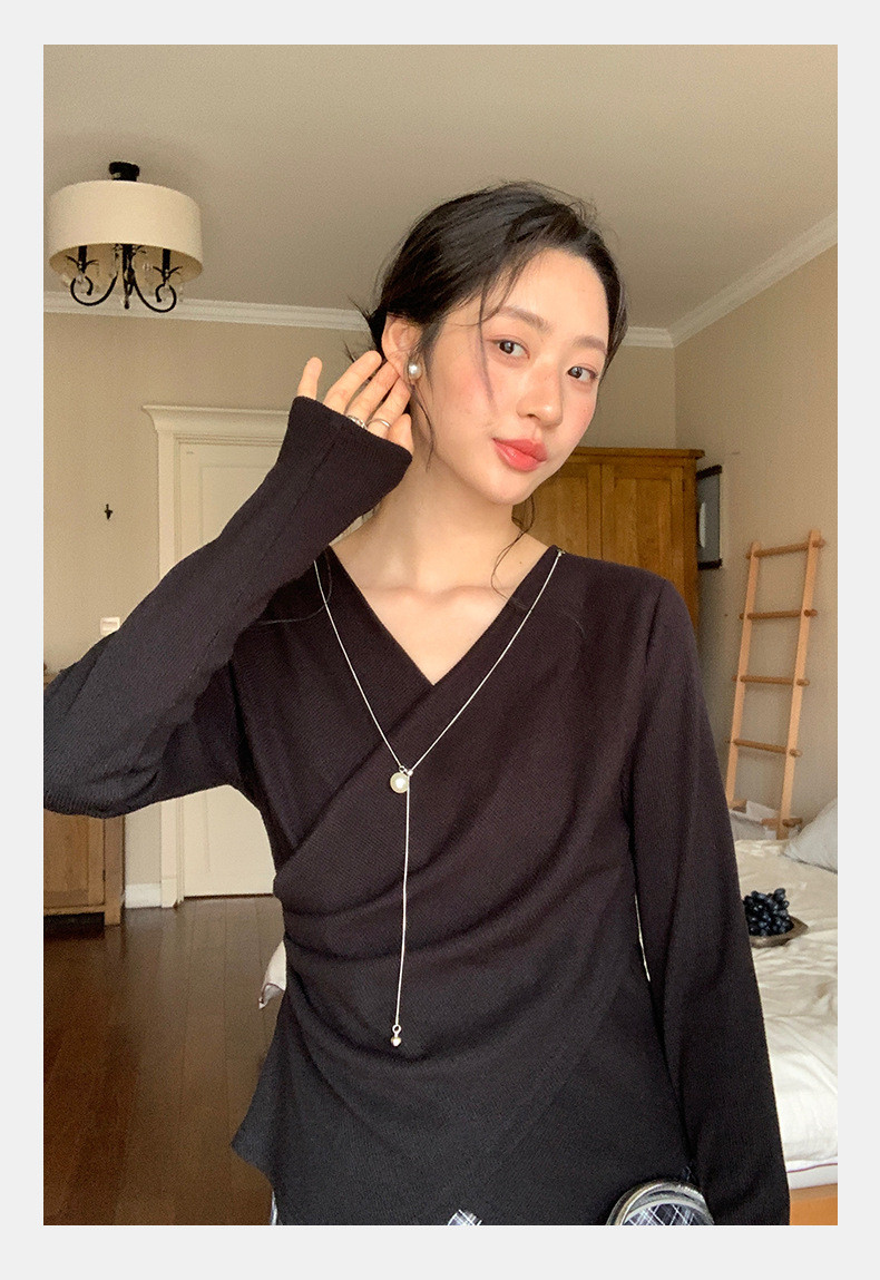 レディース V ネックデザイン不規則クロス長袖 ウエスト締めスリム効果 ショートベースレイヤーシャツ&2509-08-2