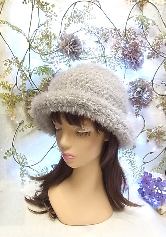 ニット帽 ニットキャップ 帽子   セーラーハット キャットヤーン ライトグレー 4枚目の画像