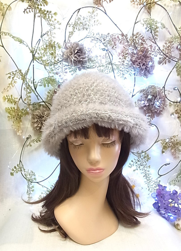 ニット帽 ニットキャップ 帽子   セーラーハット キャットヤーン ライトグレー 1枚目の画像