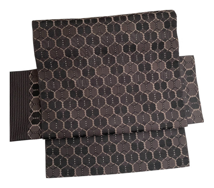 正絹　博多織　仕立上り　かがり名古屋帯　亀甲模様　濃茶