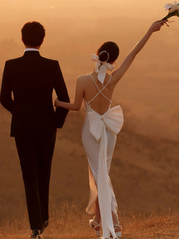 リボン マーメイドウェディングドレス サテン 白 シンプル 結婚式 花嫁 前撮り パーティー 披露宴 k458