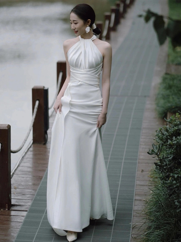 ロングドレス マーメイドウェディングドレス サテン 白 シンプル 結婚式 花嫁 前撮り パーティー 披露宴 k447