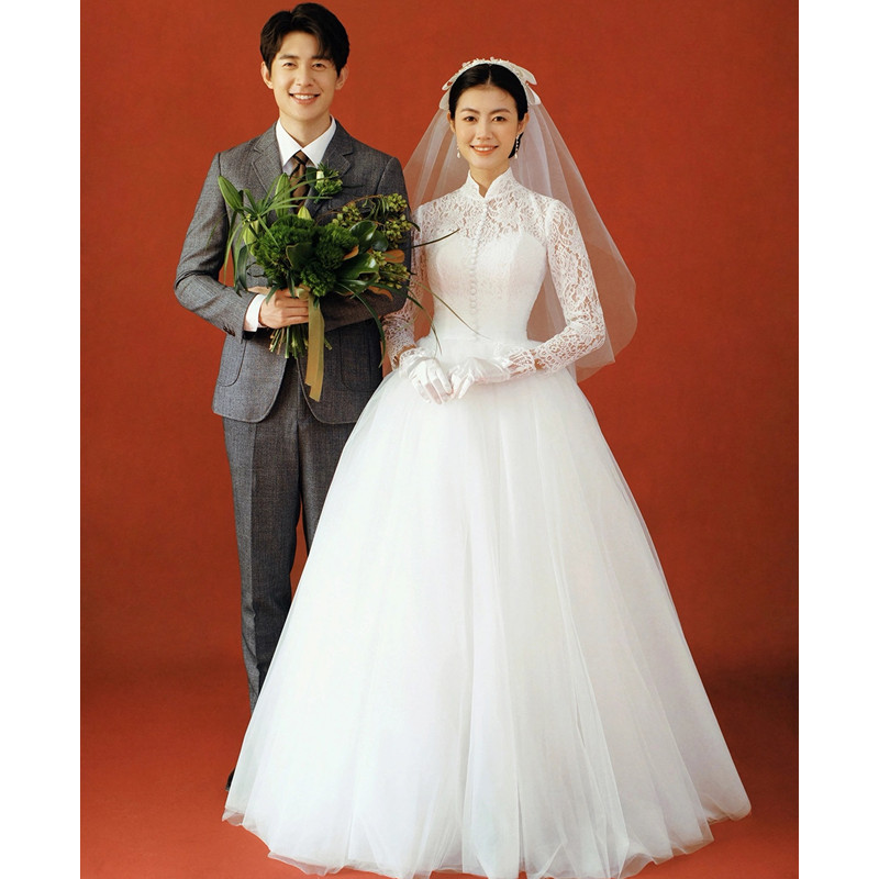 長袖 レース ウェディングドレス ロングドレス 白 シンプル 結婚式 花嫁 前撮り パーティー 披露宴 k434