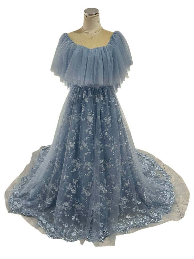 カラードレス ブルーグレー 総レース ファスナー エレガント  Aライン オンショルダードレス 披露宴 38,994円