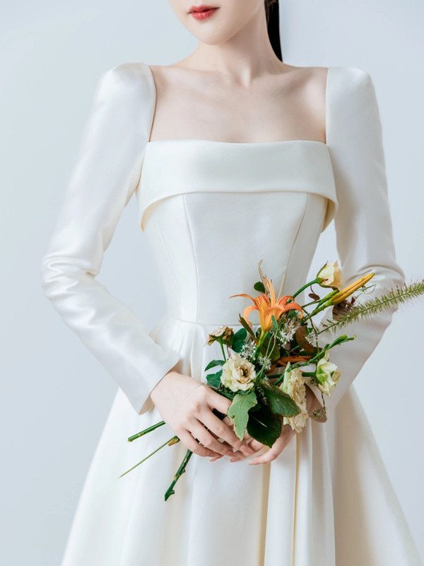 ロングドレス ウェディングドレス サテン 白 シンプル 結婚式 花嫁 前撮り パーティー 披露宴 k379