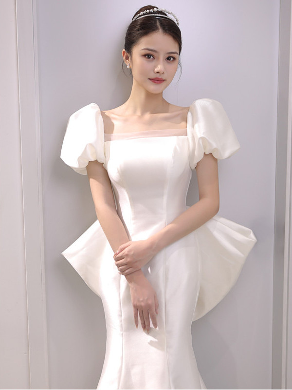 リボン 半袖 トレーン マーメイドウェディングドレス サテン 白 シンプル 結婚式 花嫁 前撮り 披露宴 k349