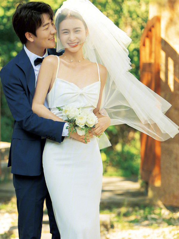 キャミソール トレーン マーメイドウェディングドレス サテン 白 シンプル 結婚式 花嫁 前撮り 披露宴 k348