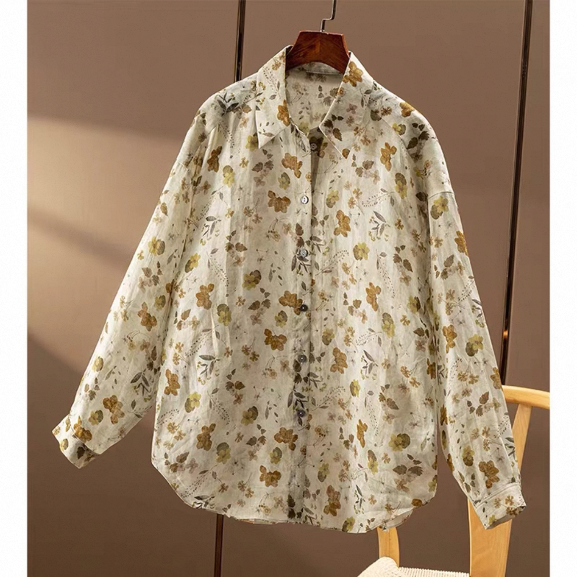 花柄トップス、秋のトップス、秋のシャツ、綿麻シャツ、綿麻トップス、長袖、大人カジュアルシャツ