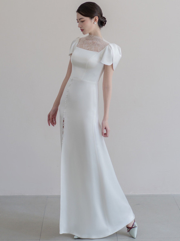 半袖 レース パール ウェディングドレス サテン 白 シンプル 結婚式 花嫁 前撮り パーティー 披露宴 k317