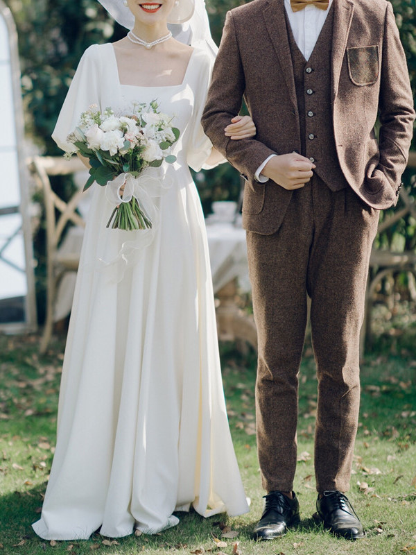 半袖 ウェディングドレス トレーン 白 シンプル 結婚式 花嫁 前撮り パーティー 披露宴 k290