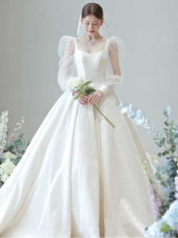 パール 長袖 ウェディングドレス サテン 白 シンプル 結婚式 花嫁 前撮り パーティー 披露宴 k279