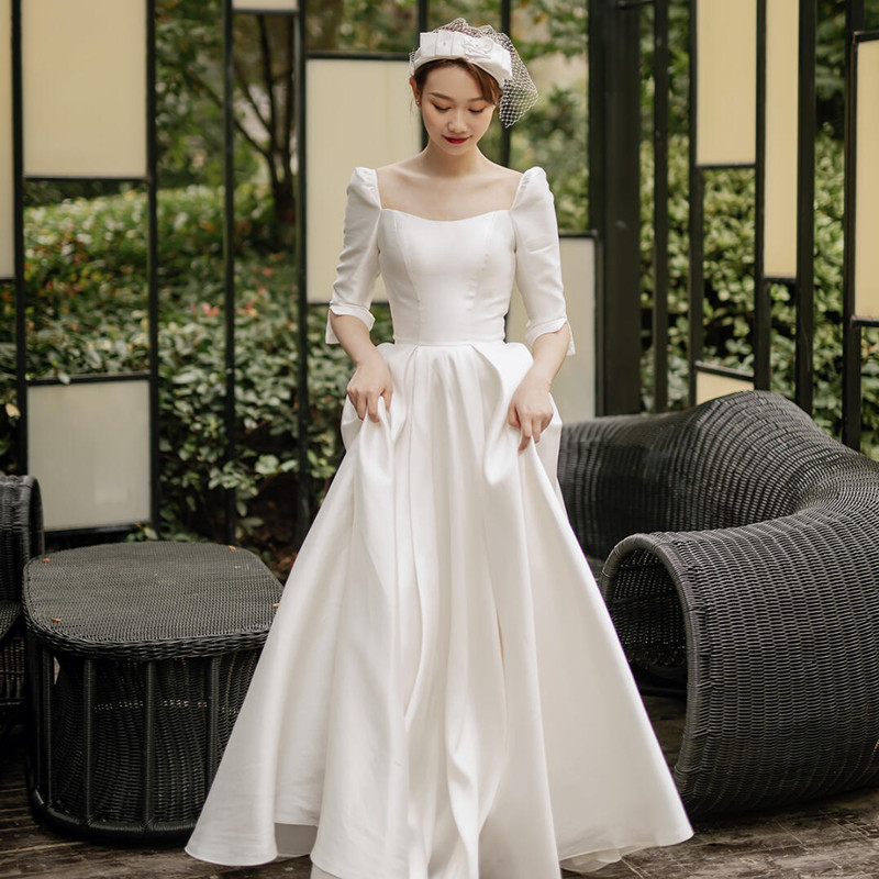 五分袖 ウェディングドレス サテン 白 シンプル 結婚式 花嫁 前撮り パーティー 披露宴 k257