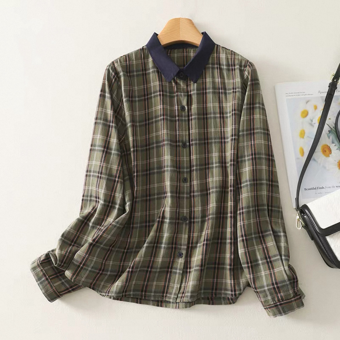 チェック柄トップス、秋のトップス、チェック柄シャツ、綿麻シャツ、綿麻トップス、長袖、大人カジュアルシャツ 4,455円