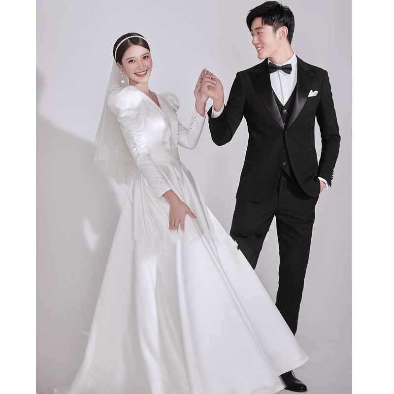 長袖 ウェディングドレス サテン 白 シンプル 結婚式 花嫁 前撮り パーティー 披露宴 k251