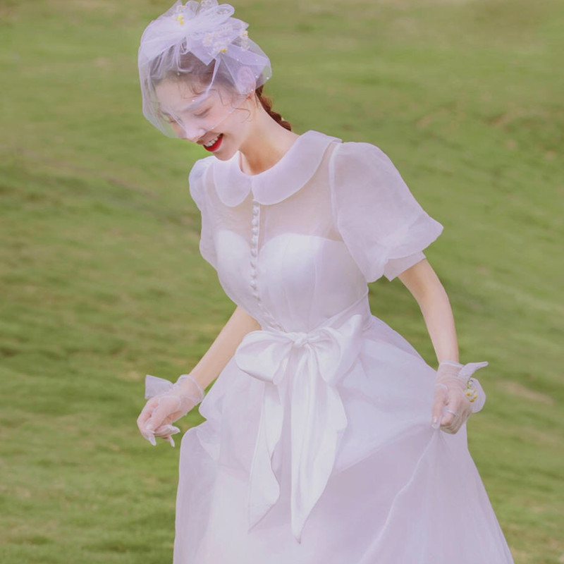 半袖 オーガンジー ウェディングドレス サテン 白 シンプル 韓国風 結婚式 花嫁 前撮り パーティー 披露宴 k221