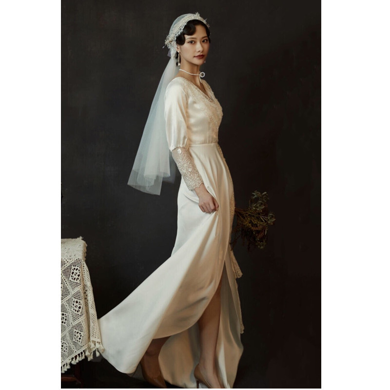 長袖 トレーン ウェディングドレス サテン 白 シンプル レース 結婚式 花嫁 前撮り パーティー 披露宴 k219