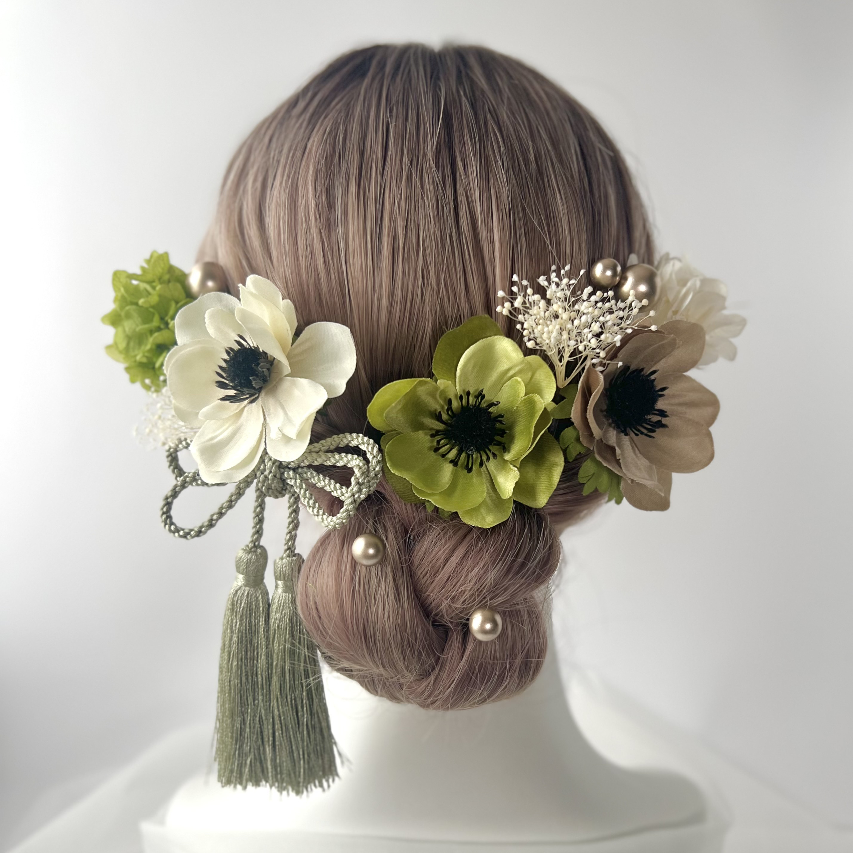 アネモネの髪飾り　グリーン系　成人式　卒業式　前撮り　結婚式　振袖　和装　髪かざり　袴　緑　ヘッドドレス