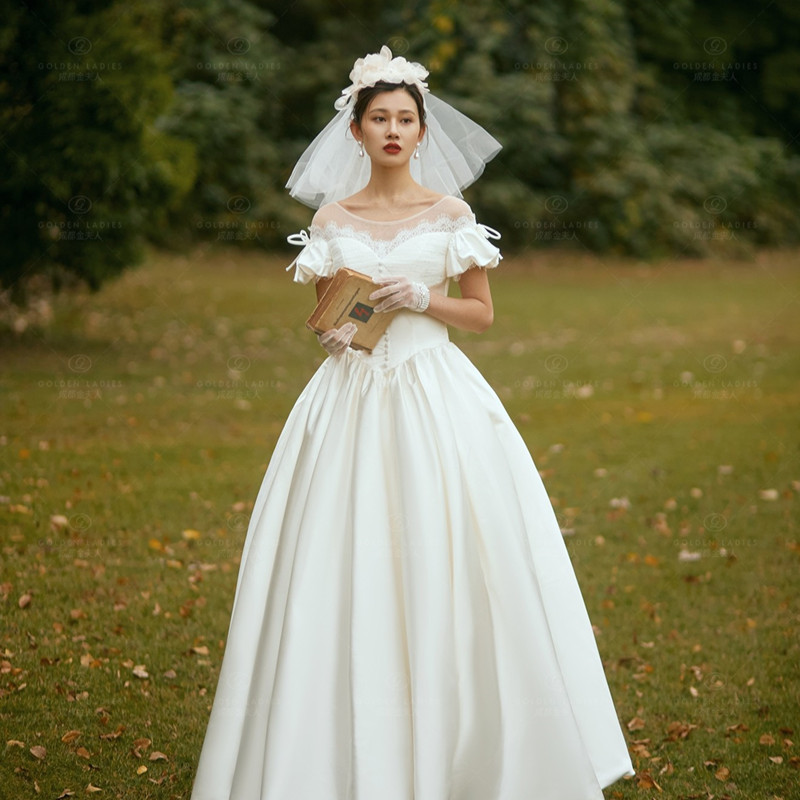 半袖 レース ウェディングドレス サテン 白 シンプル 結婚式 花嫁 前撮り パーティー 披露宴 k87