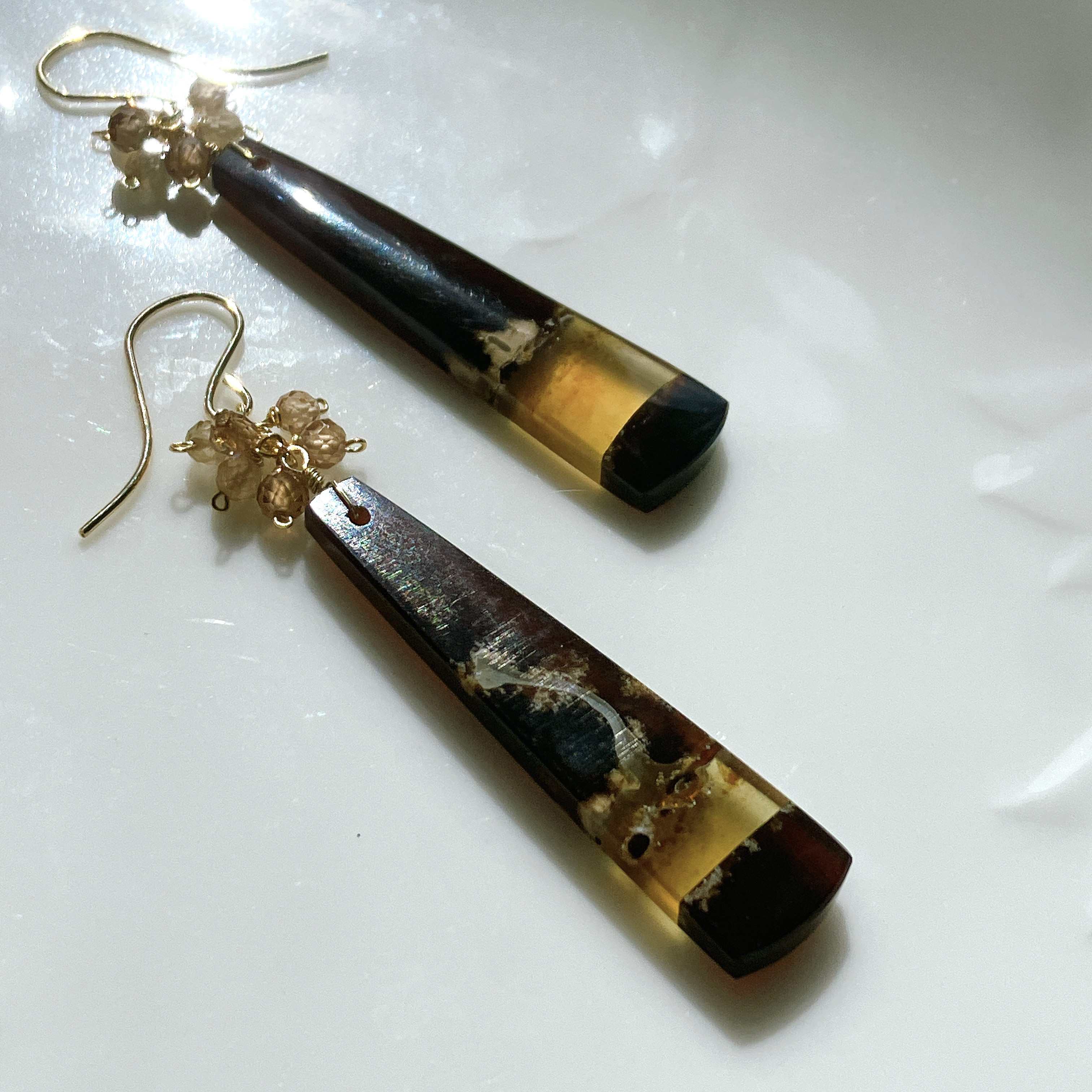 一点物✧ブルーアンバー×天然ブラウンジルコンピアス✧14kgf