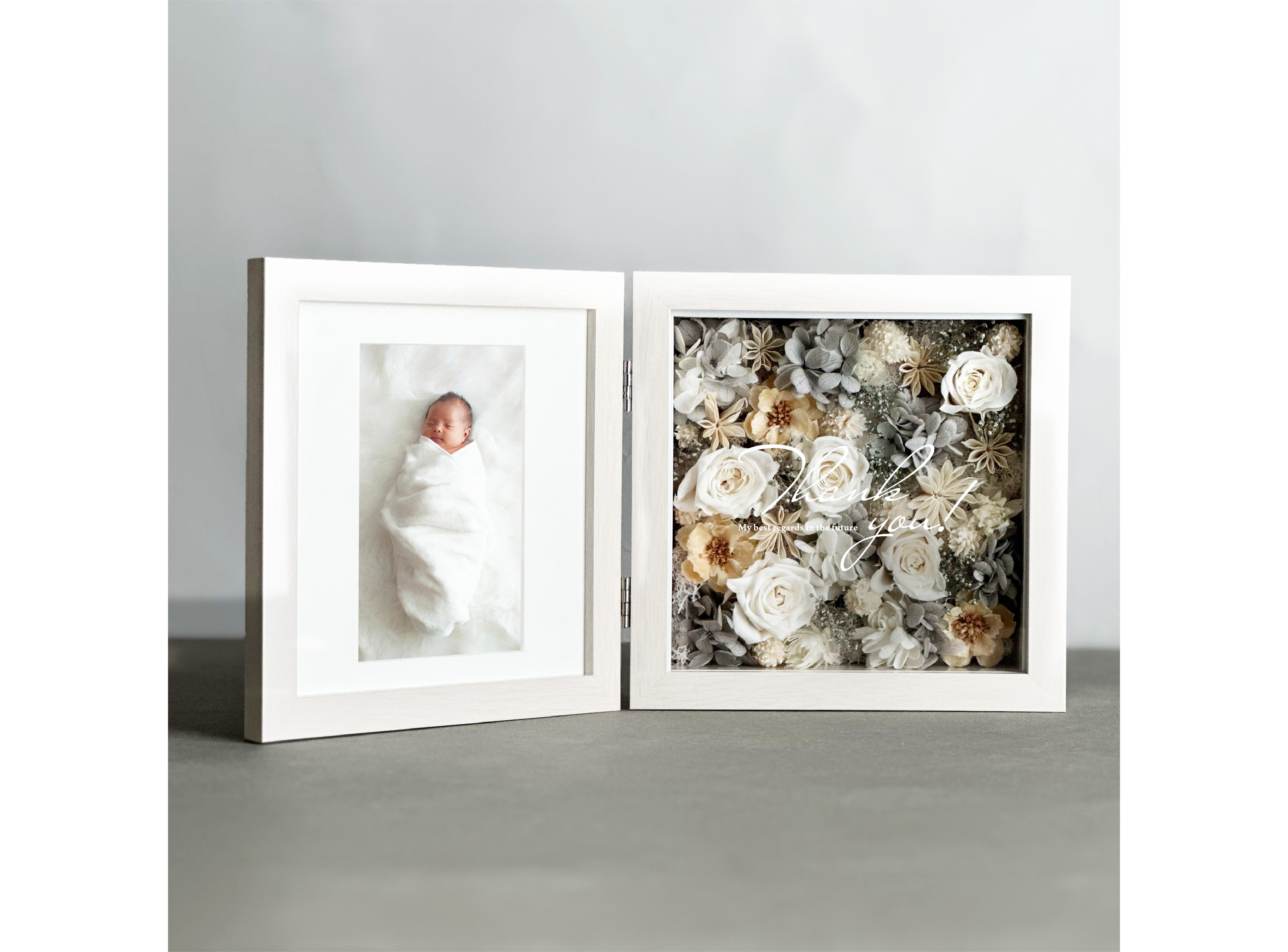 子育て感謝状「フォトフレーム フラワーボックス <パールグレー>」両親贈呈品・結婚祝いなど