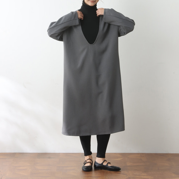 全4色　Vネック　ストレッチ　小千鳥格子　ワンピース♪オーダーサイズ可 2枚目の画像