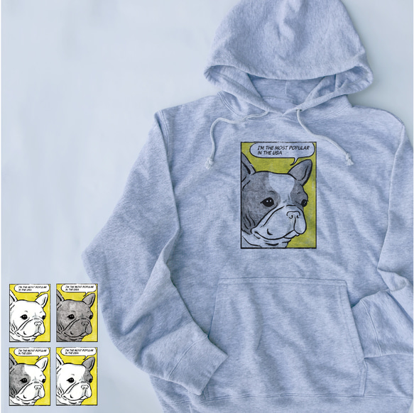 【メッセージ】アメコミ風　フレブルパーカー　グレーパーカー　メッセージ入れ　親子コーデ 1枚目の画像