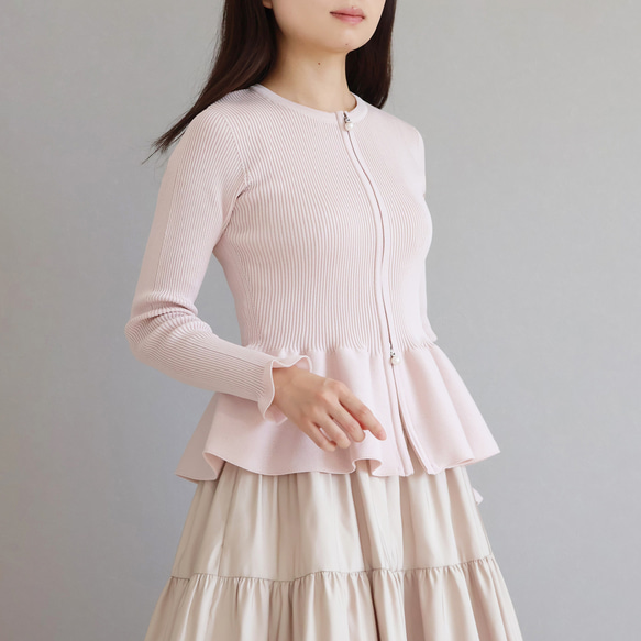 【程よい甘さがポイント◎】ホールガーメント ペプラムオープンファスナーカーディガン【アイシーグリーン】 7枚目の画像