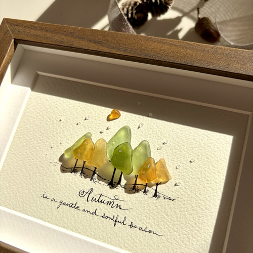 Autumn Forest 秋の森 シーグラス／天然石／フレーム／アート