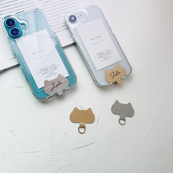 猫型 名入れ無料 ストラップホルダー ステンレス ホルダーシート スマホ ショルダー スマホケース 挟むだけ 9枚目の画像